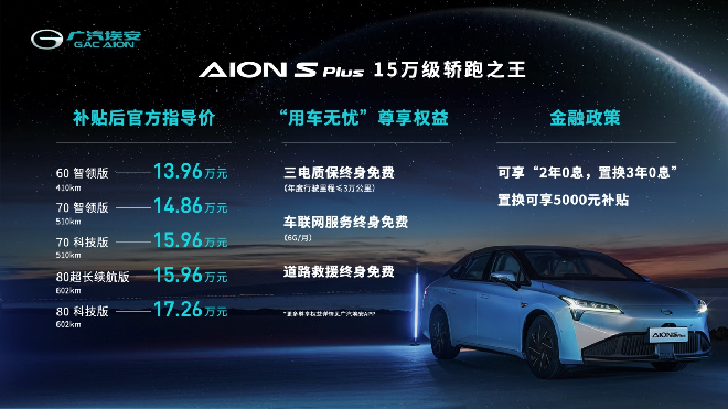 补贴后售13.96-17.26万元，“星空战舰纯电轿跑”广汽AION S PLUS上市