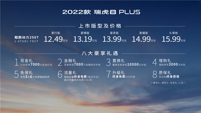 健康智能全都要？2022款瑞虎8 PLUS正式上市 售12.49-15.99万元