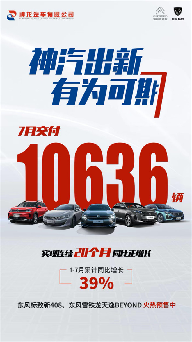 神汽出新，神龙汽车7月交付10636辆，连续20个月同比正增长